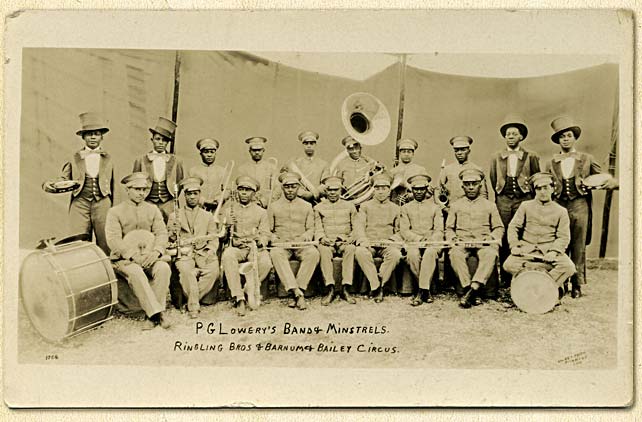 LoweryMinstrels Old photo of a brass band with drums