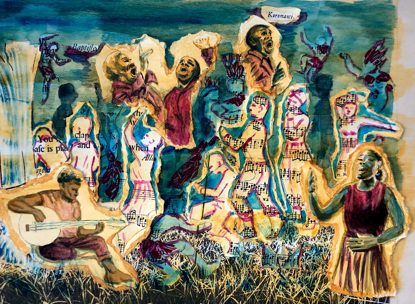 EBM-winston-art-optimized Artwork: Collage and painting of various people in different eras playing instruments and singing